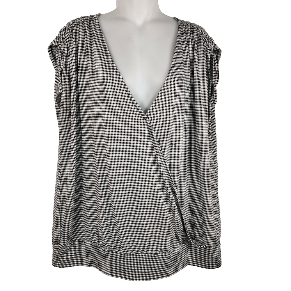 Maurices Women Faux Wrap Top Gingham Cinched Tie Cap Sleeve 1X White Black V